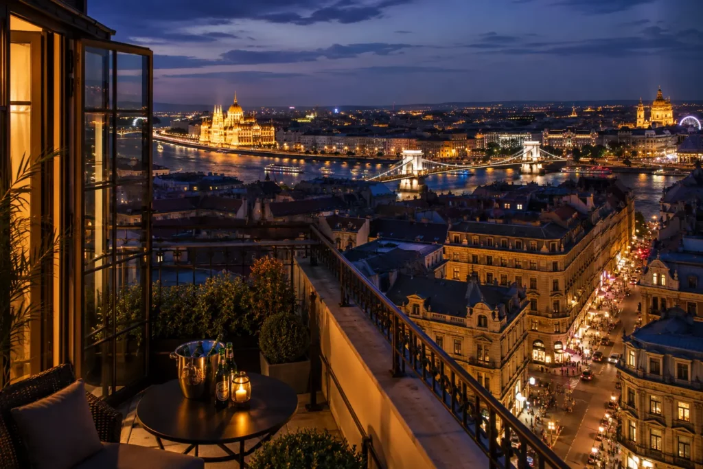 Central Budapest accommodation overlooking the Danube at night