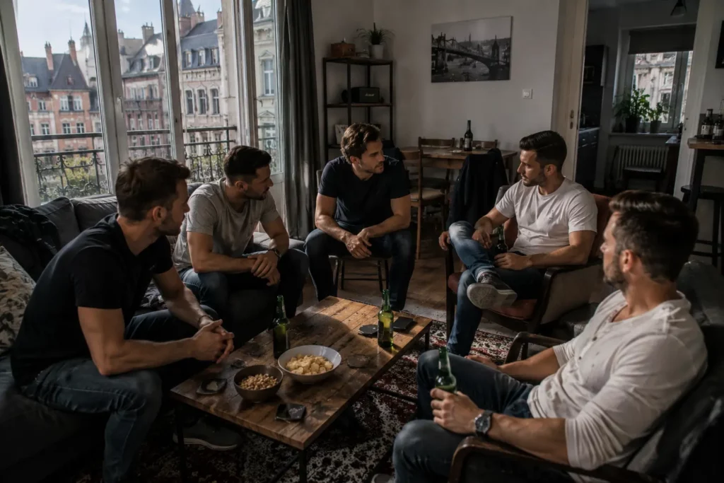 Friends relaxing in a city centre apartment before a bachelor party weekend in Budapest