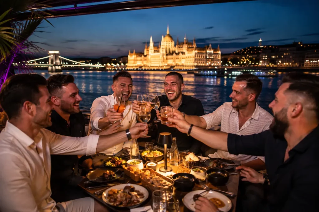 Friends enjoying a premium bachelor party in Budapest, highlighting the city's excellent value for money