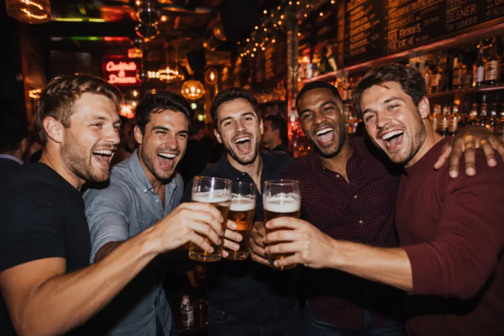 Group of friends celebrating with beers during a bachelor party in Budapest before a night out