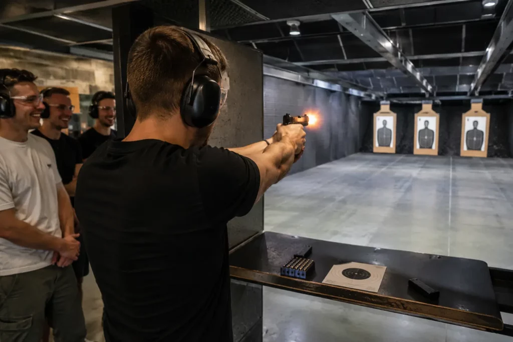 Friends enjoying a gun shooting experience at a professional indoor shooting range during a bachelor party in Budapest