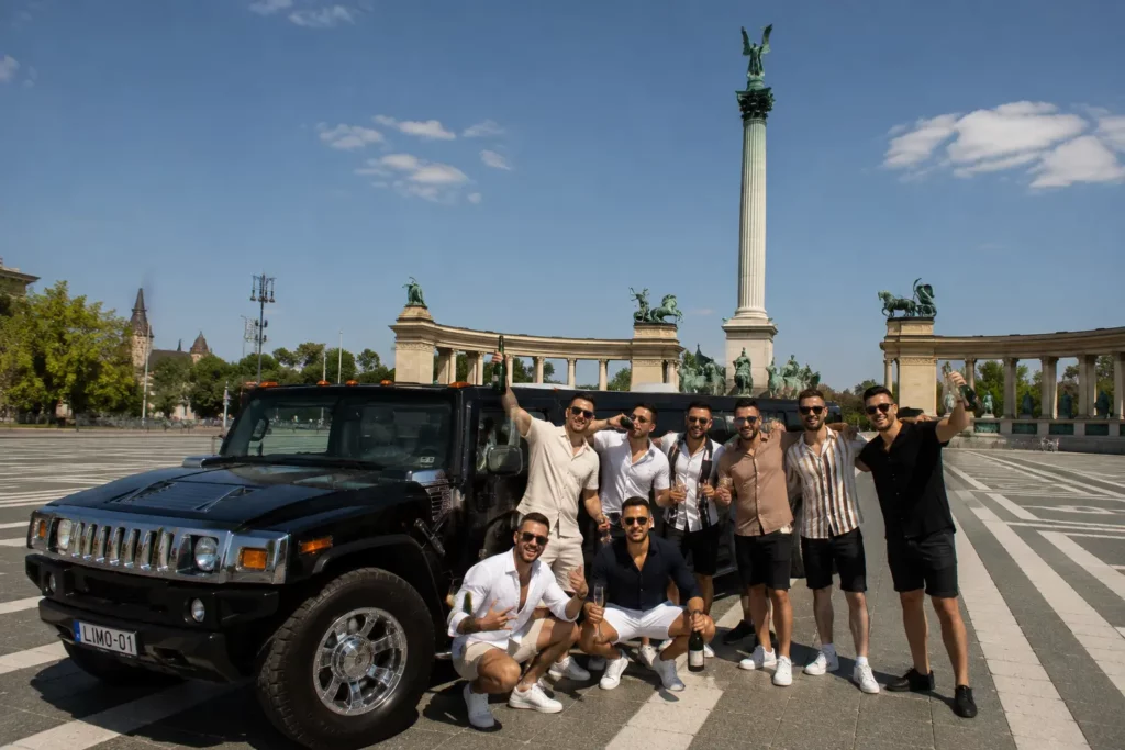 Bachelor party group posing with a black Hummer limousine at Heroes' Square in Budapest