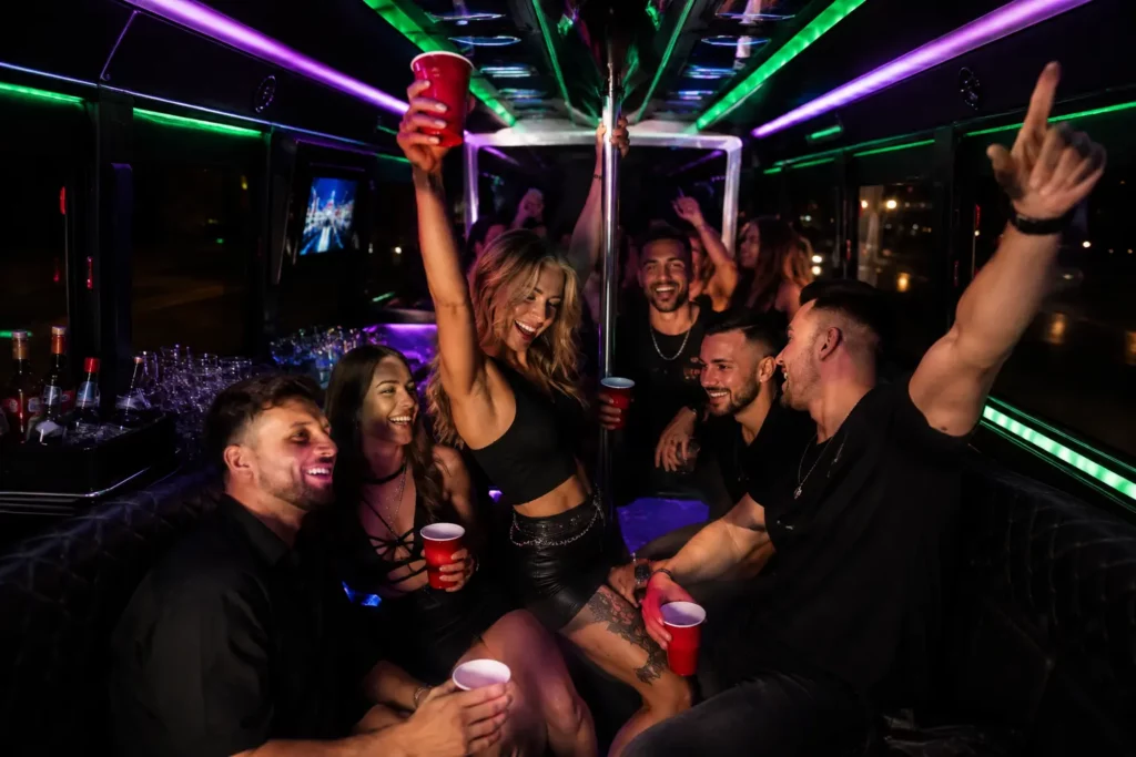 Bachelor party group celebrating inside a luxury party bus in Budapest with LED lighting and onboard entertainment