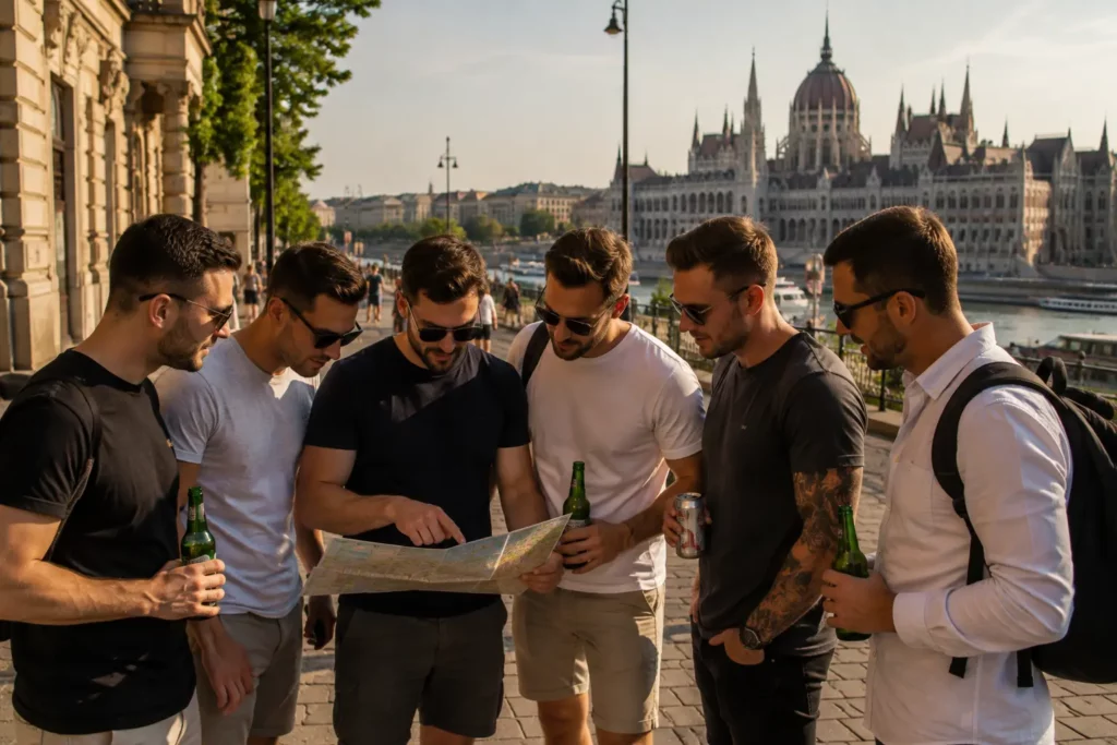 Friends planning a bachelor party itinerary while exploring Budapest city centre