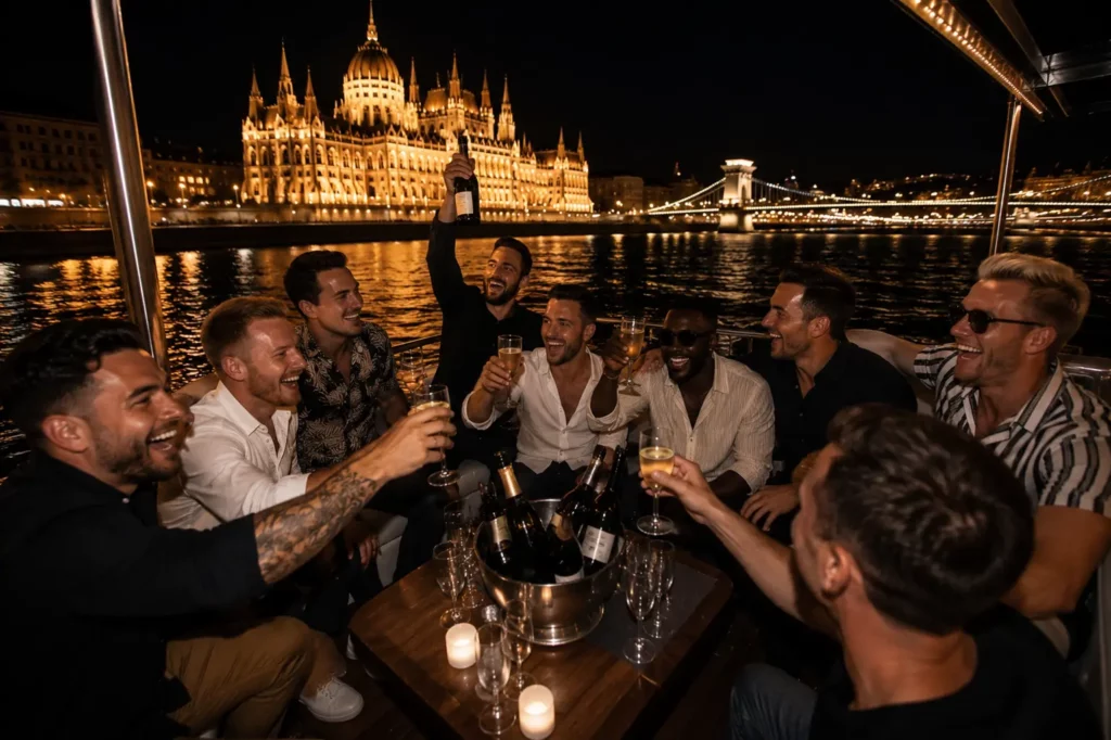 Friends celebrating on a private Danube boat cruise during a bachelor party in Budapest with the illuminated Parliament in the background