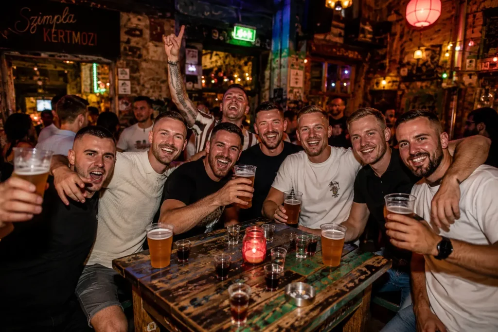 Friends enjoying a guided pub crawl during a bachelor party in Budapest at one of the city's famous ruin bars