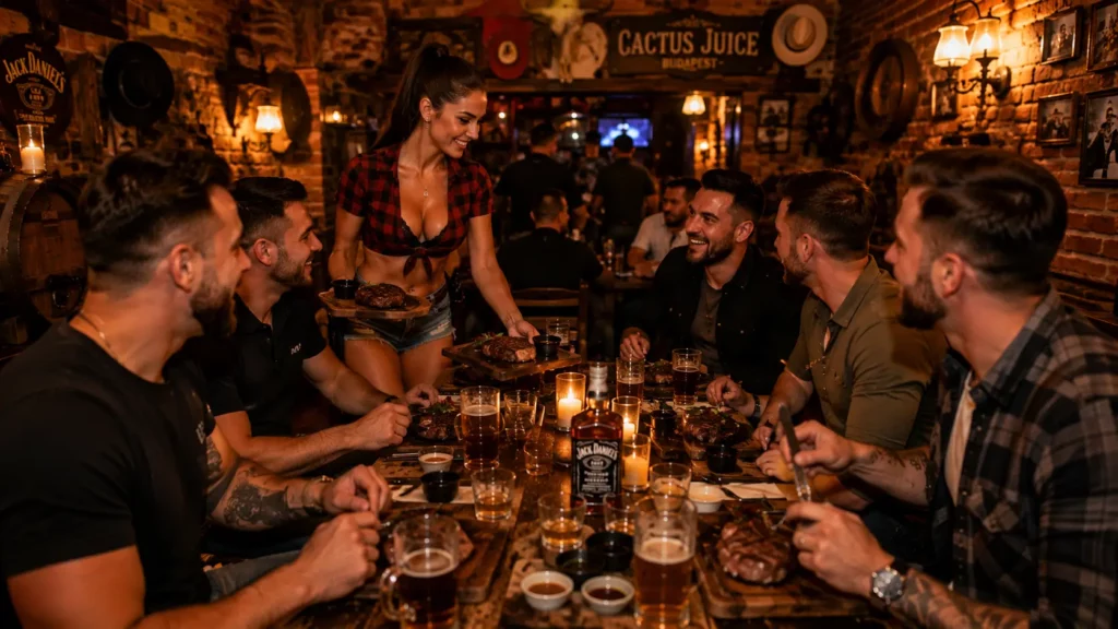 Friends enjoying a premium steak dinner during a bachelor party in Budapest at a western-style restaurant