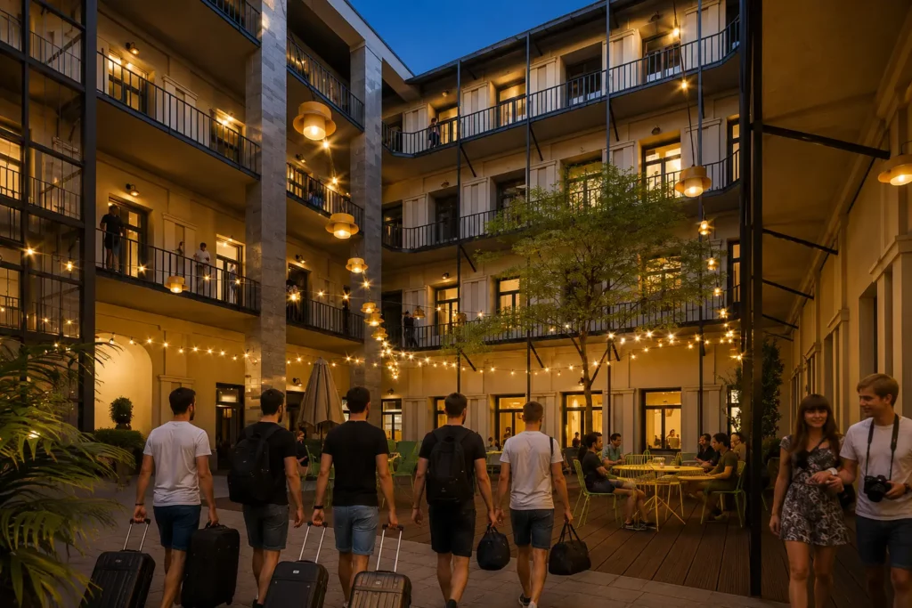 Stag group arriving at a&o Budapest City group accommodation