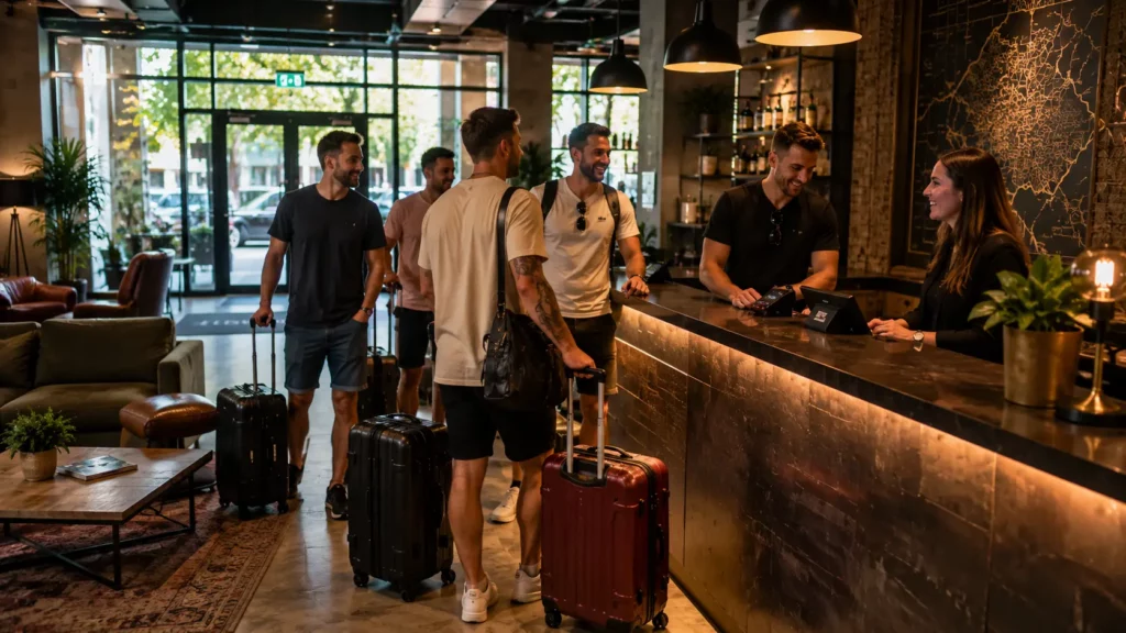 Stag group checking in at a Budapest hotel for their weekend