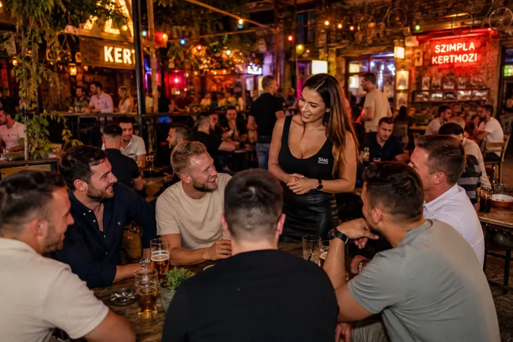 Stag group enjoying drinks with a local coordinator at a Budapest ruin bar