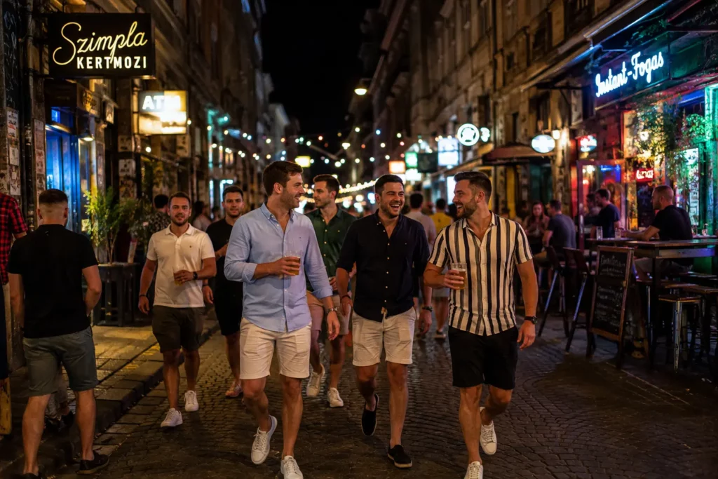 Stag group walking between bars in Budapest nightlife district
