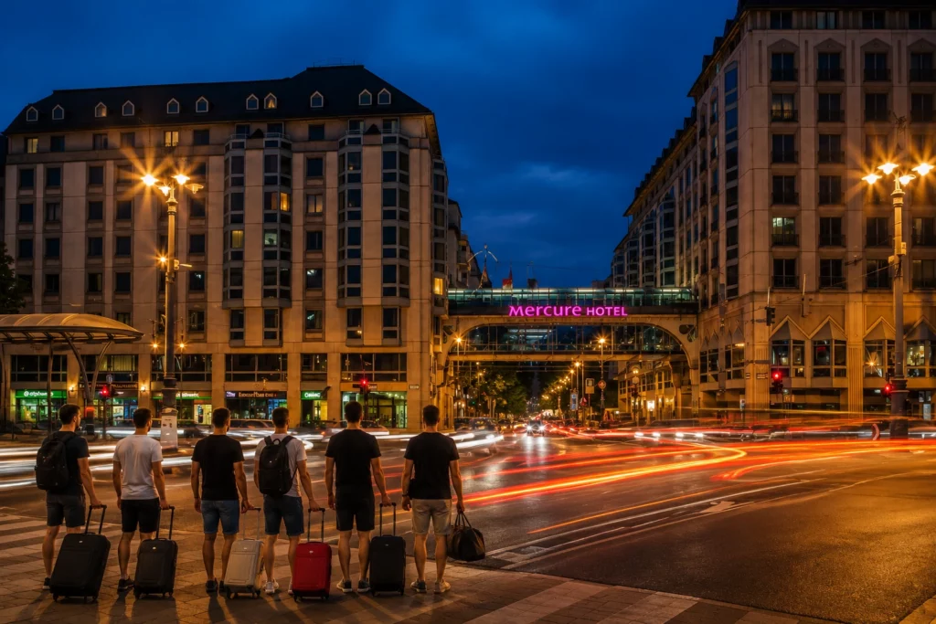 Stag group arriving at Mercure Budapest Korona hotel in central Budapest