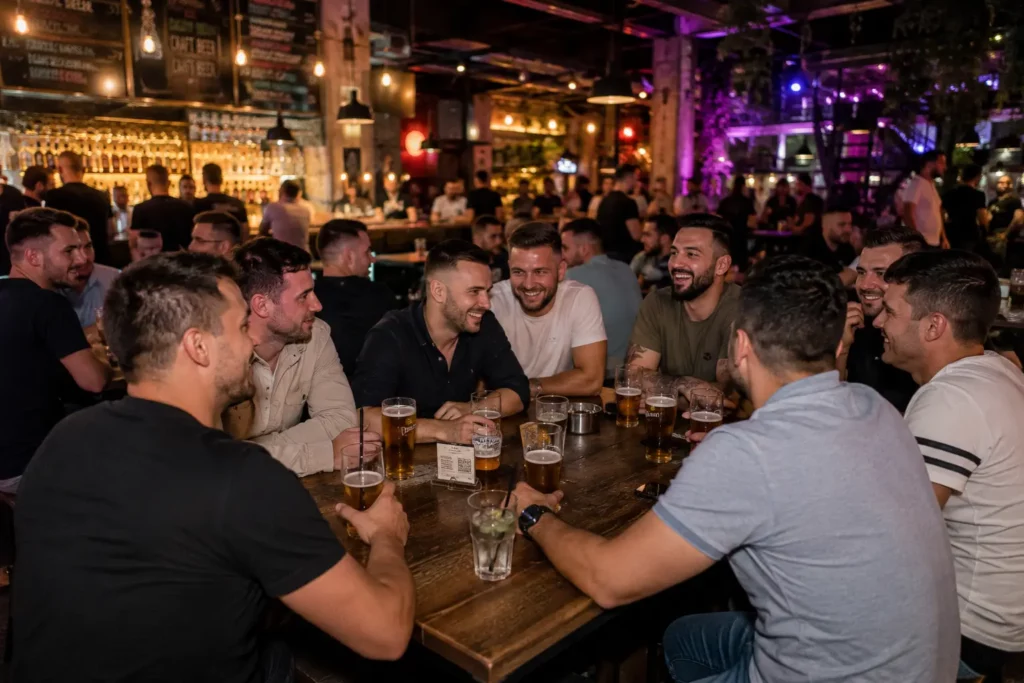 Stag group having drinks together at a lively bar in Budapest