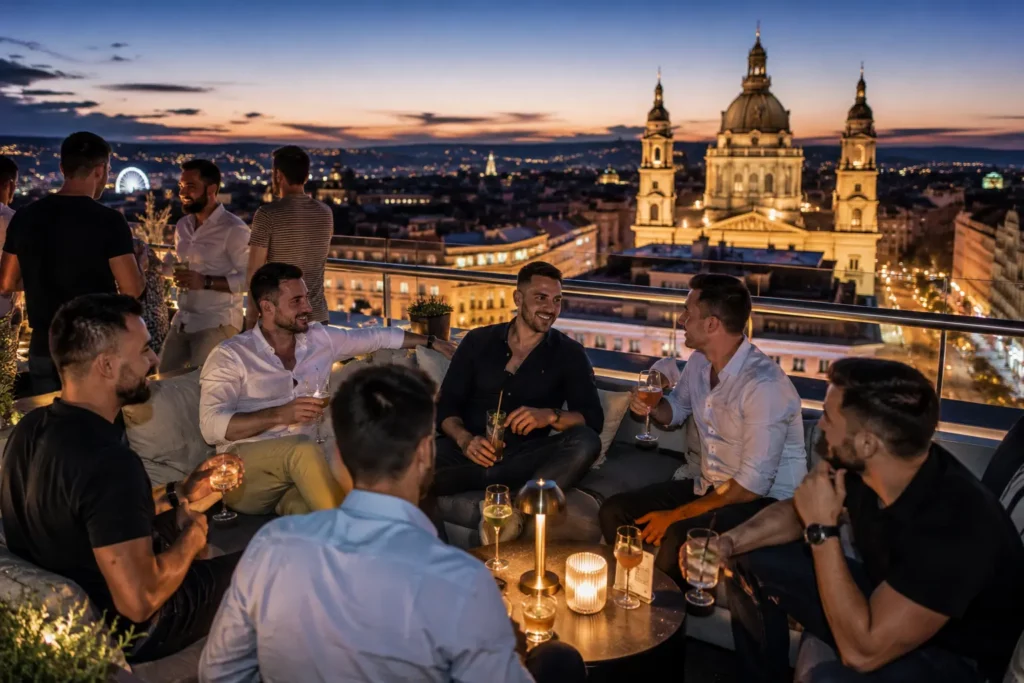 Stag group having drinks at a rooftop bar overlooking Budapest