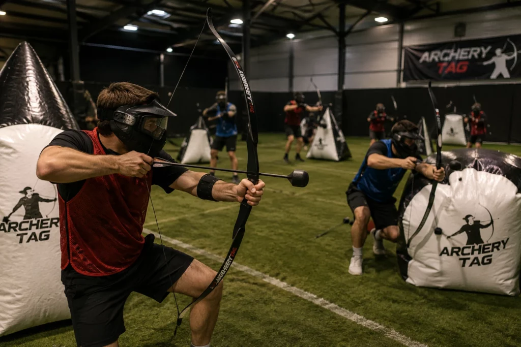 Stag group playing Archery Tag at an indoor arena in Budapest
