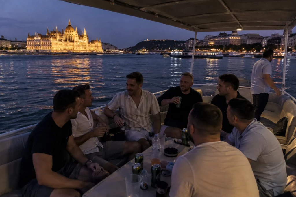 Stag group enjoying a booze river cruise on the Danube in Budapest