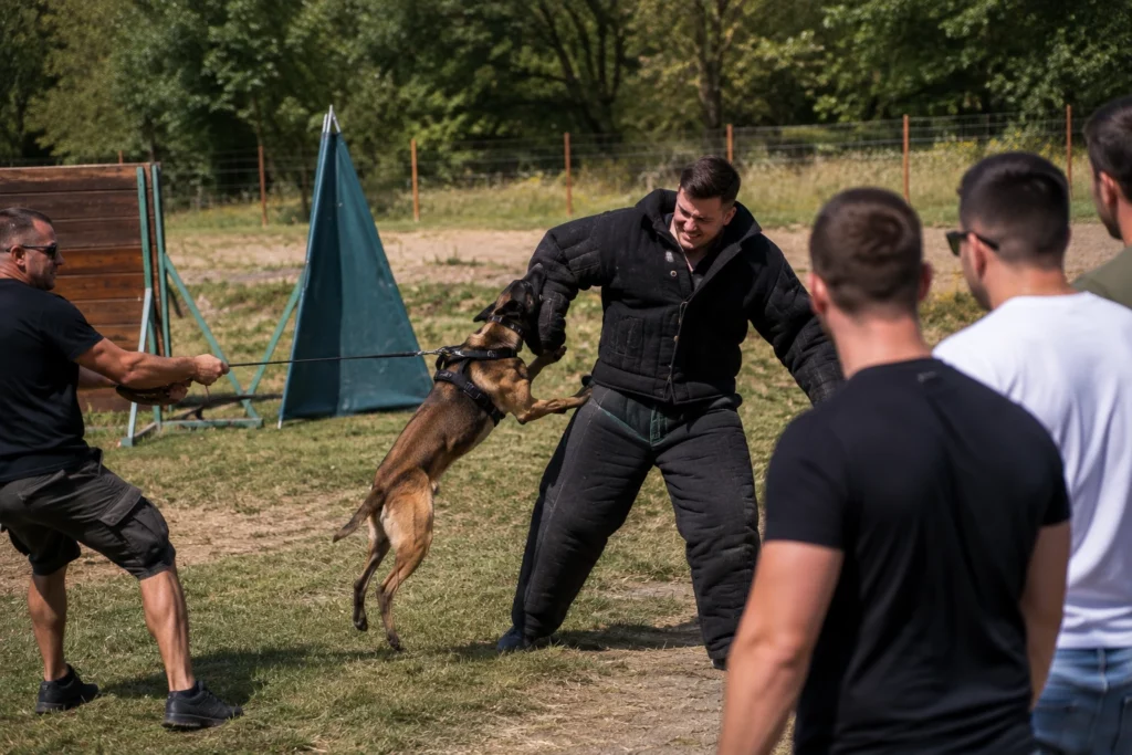 Stag groom in protective gear during a controlled dog attack activity in Budapest