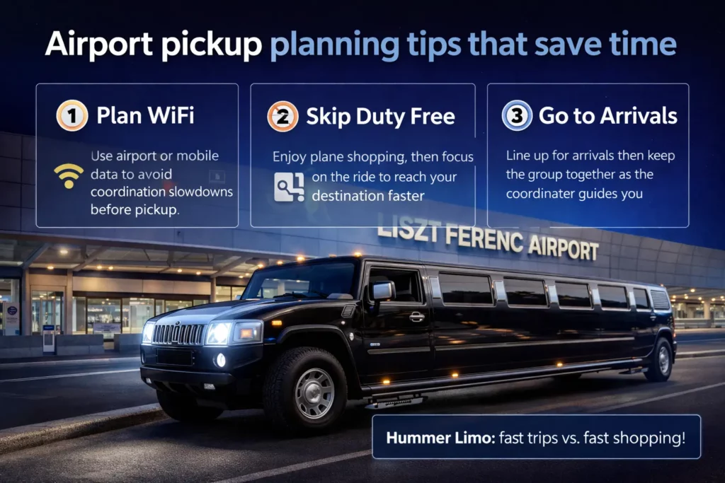 Hummer Limo Budapest airport pickup planning tips infographic, showing simple steps to save time before meeting the limousine at the terminal pickup point.