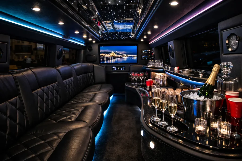 Hummer Limo Budapest interior with luxury leather seating, LED party lighting, a bar setup and a premium lounge-style cabin, showing what to expect inside during an airport pickup or a 1-hour night ride.