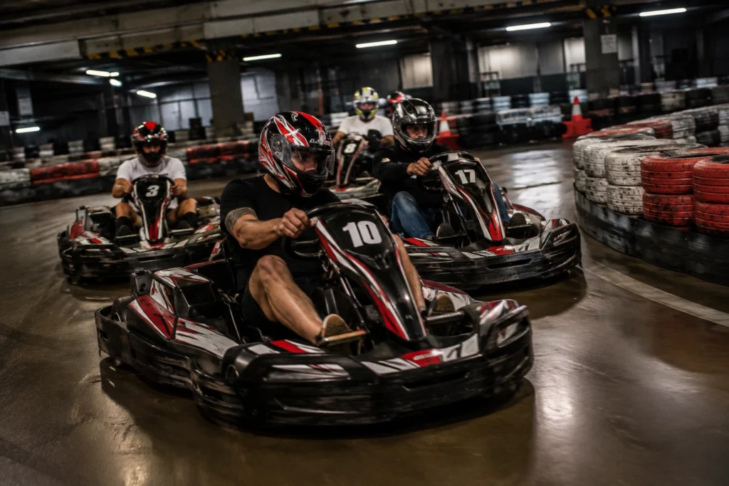 Stag group racing go-karts on an indoor track in Budapest