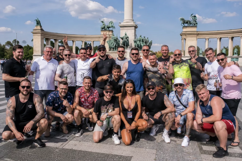 Large stag group with coordinator at Heroes' Square in Budapest