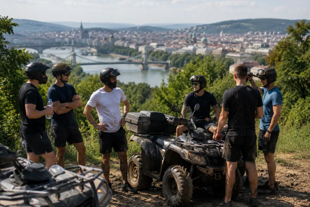 Stag group taking a break during an outdoor quad biking activity in Budapest