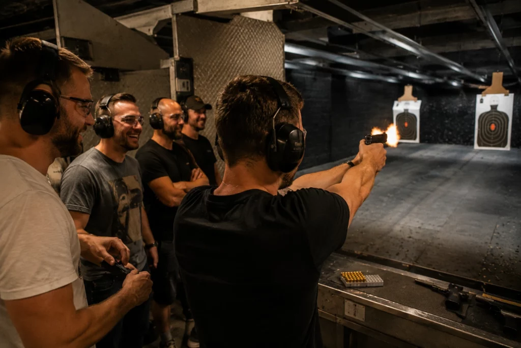 Stag group target shooting at an indoor range in Budapest