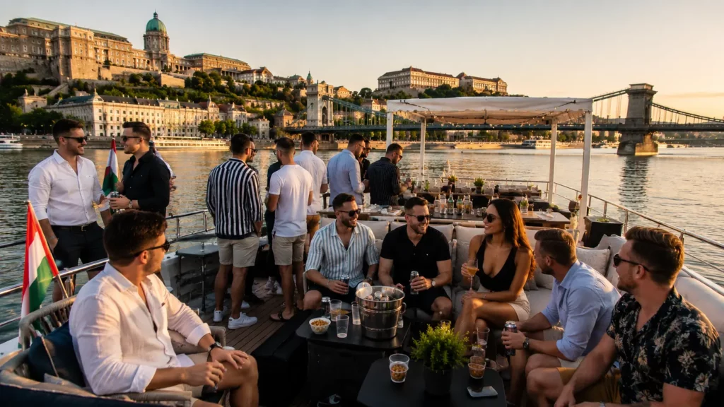 Stag group enjoying a Budapest boat cruise on the Danube