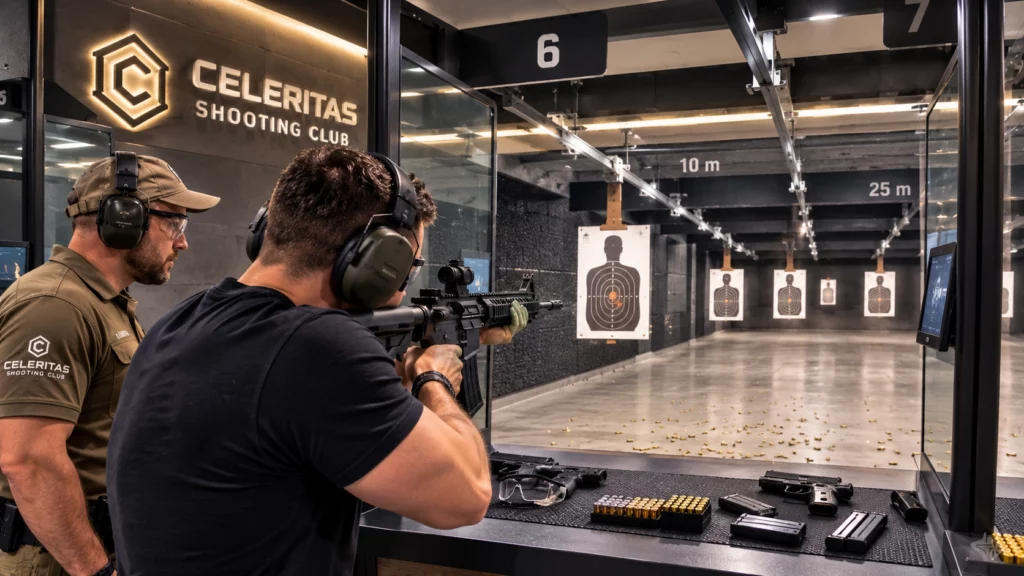 Indoor firing lanes at Celeritas Shooting Club in Budapest