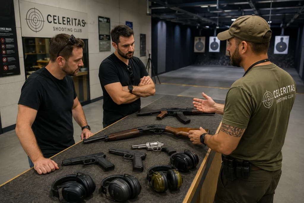 Instructor presenting different firearms to visitors at a Budapest shooting range