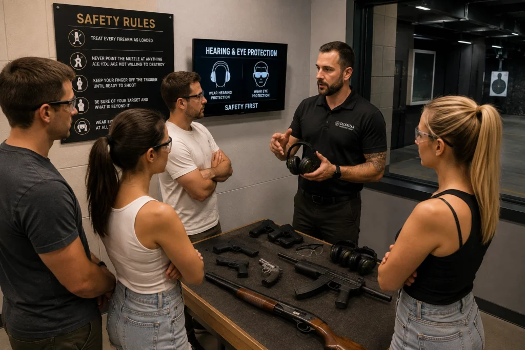 Visitors receiving a safety briefing before shooting at a Budapest gun range