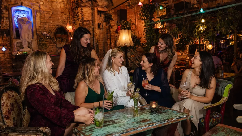 Women enjoying cocktails in a Budapest ruin bar during a hen night