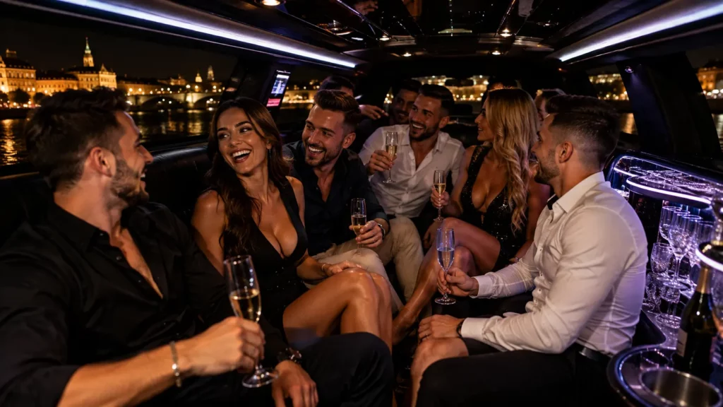 Group enjoying a private city limo hire in Budapest