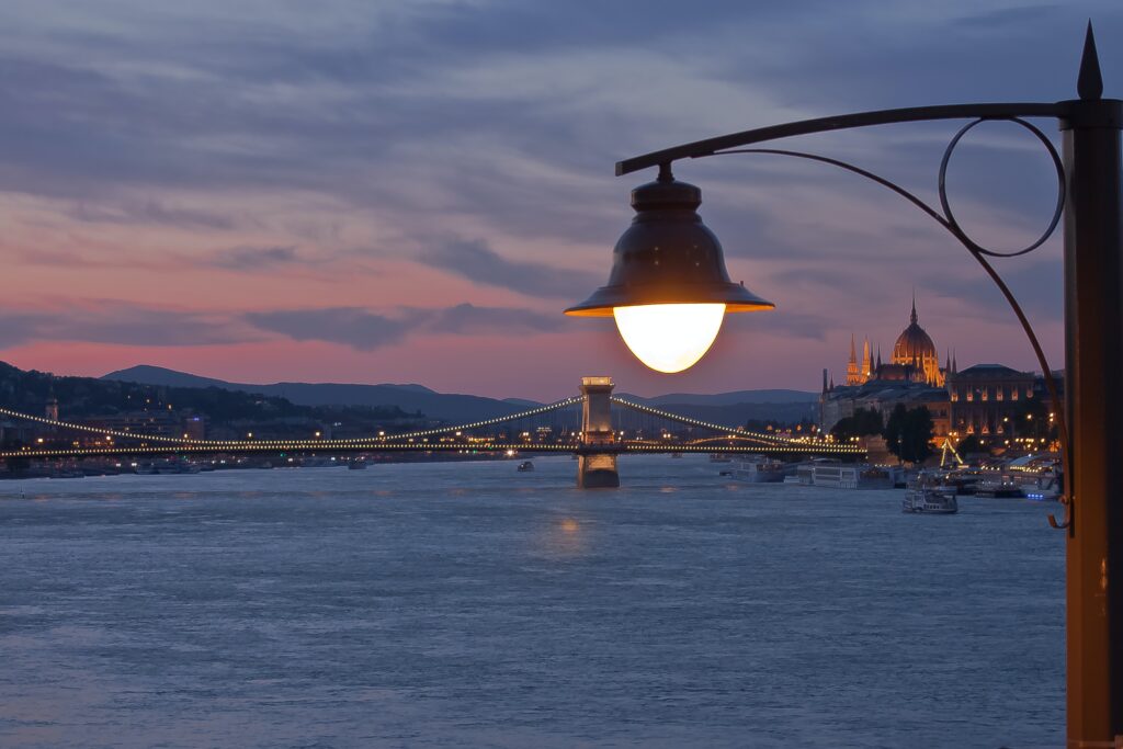 River Danube in Budapest with Chain bridge behind.