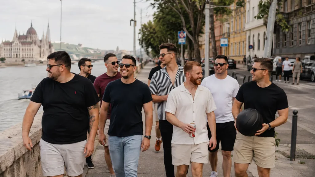Group of friends enjoying bachelor party activities in Budapest