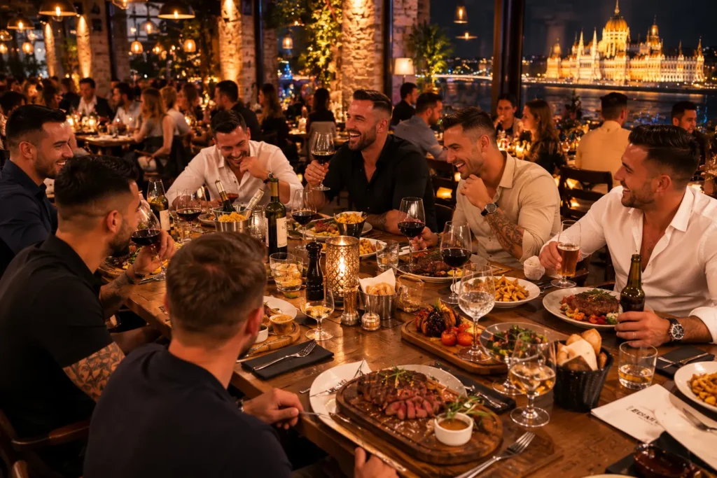 Bachelor party group enjoying a steak dinner in Budapest