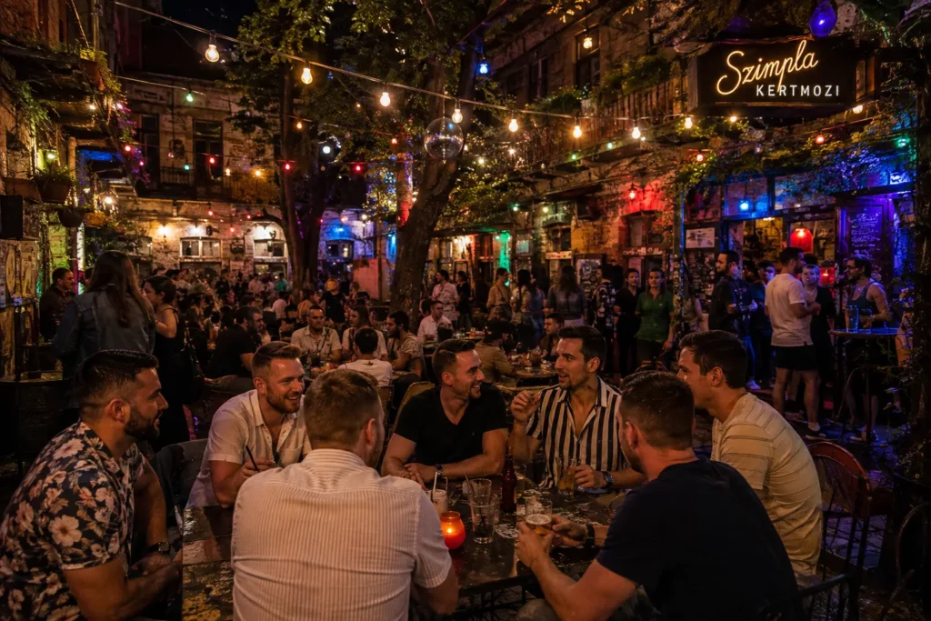 Bachelor party group enjoying nightlife at a Budapest ruin bar
