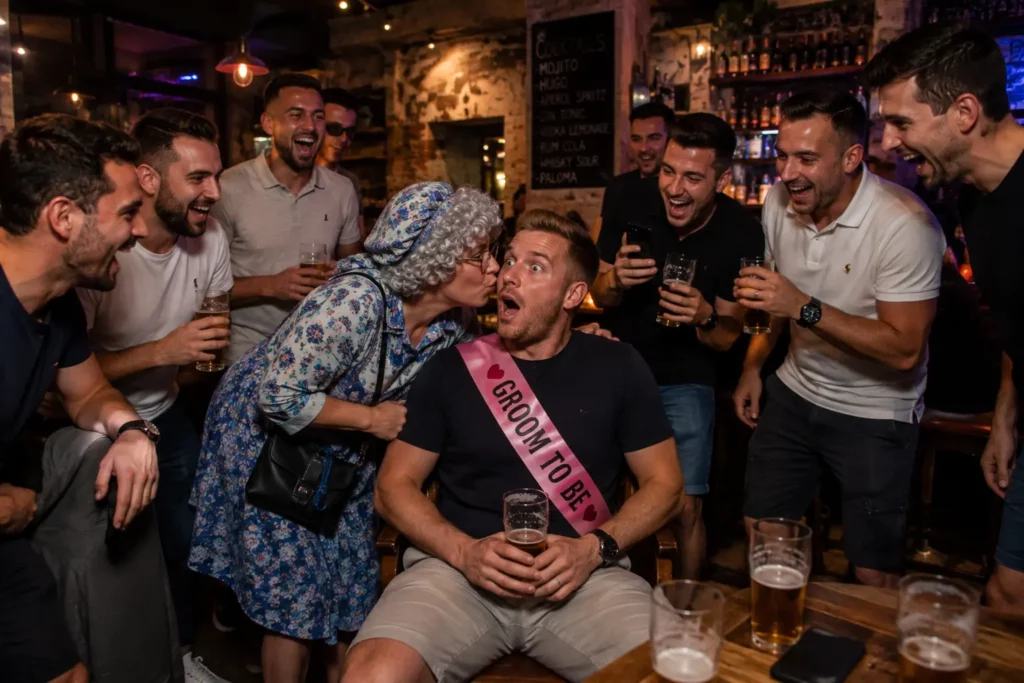 Granny prank surprising the groom at a bachelor party in Budapest