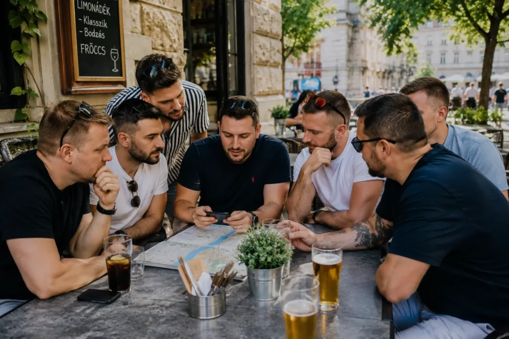 Friends planning bachelor party activities in Budapest