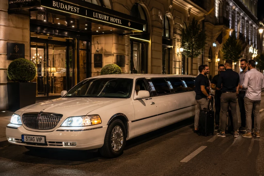 Airport limo in Budapest dropping off a stag group at their city centre hotel
