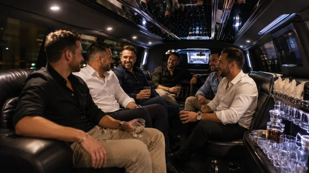 Stag group inside a private airport limo in Budapest