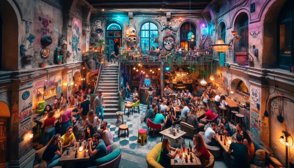 A vibrant scene inside a Budapest ruin bar with eclectic decor, mismatched furniture, and a lively crowd. The bar is set in an old, dilapidated building with exposed brick walls, graffiti, and quirky art installations. Groups of friends are enjoying drinks, laughing, and dancing under dim, atmospheric lighting with colorful lights.