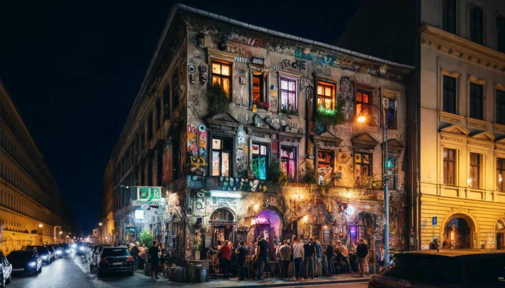 "The exterior of a Budapest ruin bar at night, showing an old, dilapidated building with colorful graffiti and eclectic art installations. Groups of people are entering the bar, and the street is lively with activity. Dim, colorful lights are visible through the windows, hinting at the vibrant atmosphere inside.