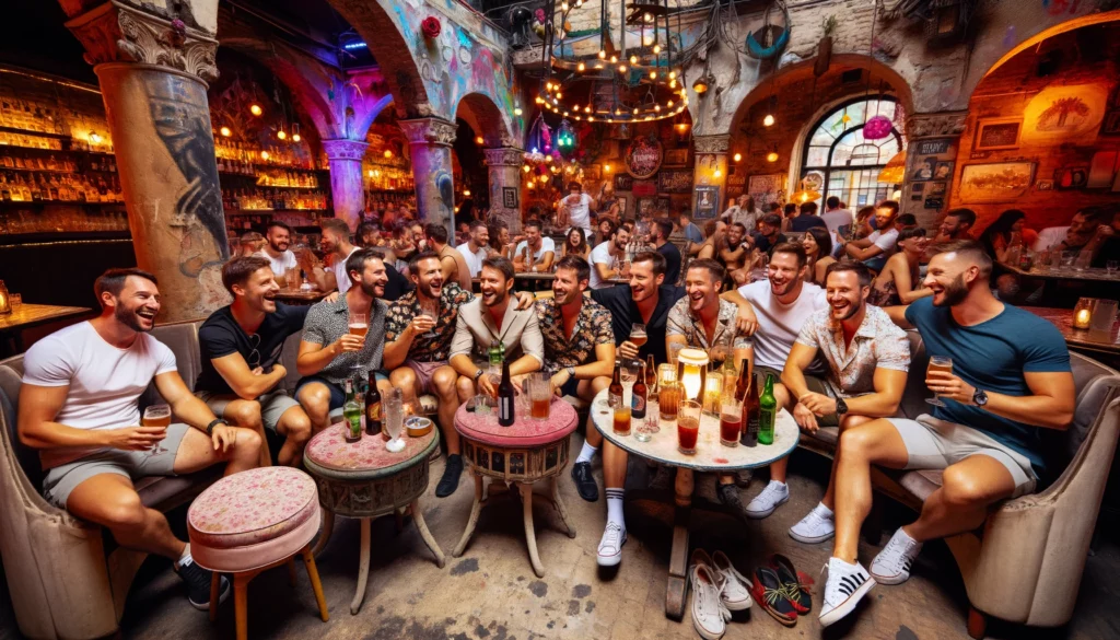 A group of men on a stag do enjoying a night out at a Budapest ruin bar, sitting around a table with drinks. The interior features mismatched furniture, quirky decorations, exposed brick walls, and colorful lights. The men are laughing, talking, and wearing casual but stylish attire, with some wearing stag do accessories like funny hats or matching shirts. The atmosphere is lively with a vibrant crowd in the background