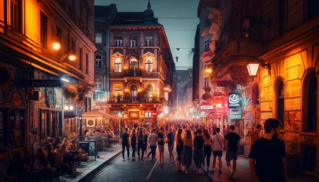 A vibrant street scene in Budapest at night, showcasing the bustling nightlife. The street is filled with people walking, chatting, and enjoying the evening. There are colorful lights from bars and restaurants, old buildings with eclectic graffiti and decorations, and a mix of locals and tourists. The atmosphere is lively and energetic, capturing the essence of Budapest's nightlife.