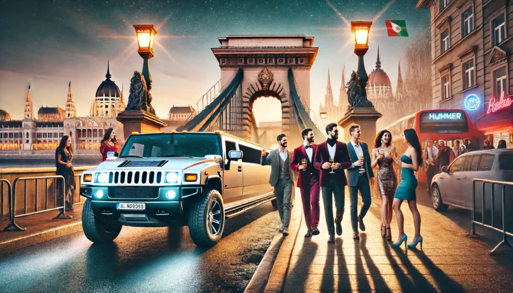 A stag group arriving at a club in Budapest with a Hummer limo. The scene includes a group of friends, fully dressed, exiting the limo and being greeted by ladies at the club entrance. The background features Budapest's iconic Chain Bridge and Parliament building. The atmosphere is lively and fun, with the club entrance illuminated by colorful lights. All participants are fully dressed in appropriate clothing, looking excited and ready to party.