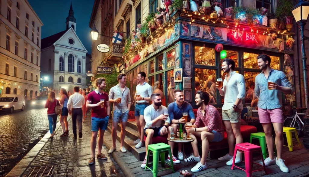 An image about the Budapest stag do guide 2025 with a stag group on the picture. The group drinking beers and having fun