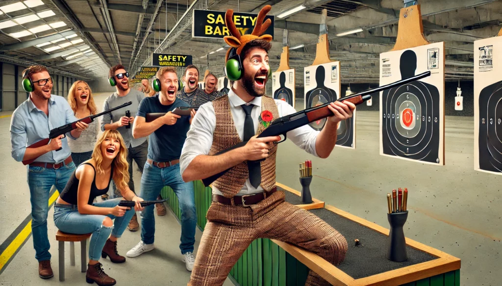  This image capturing a stag group having fun at a shooting range, with the stag dressed in a humorous fancy dress costume