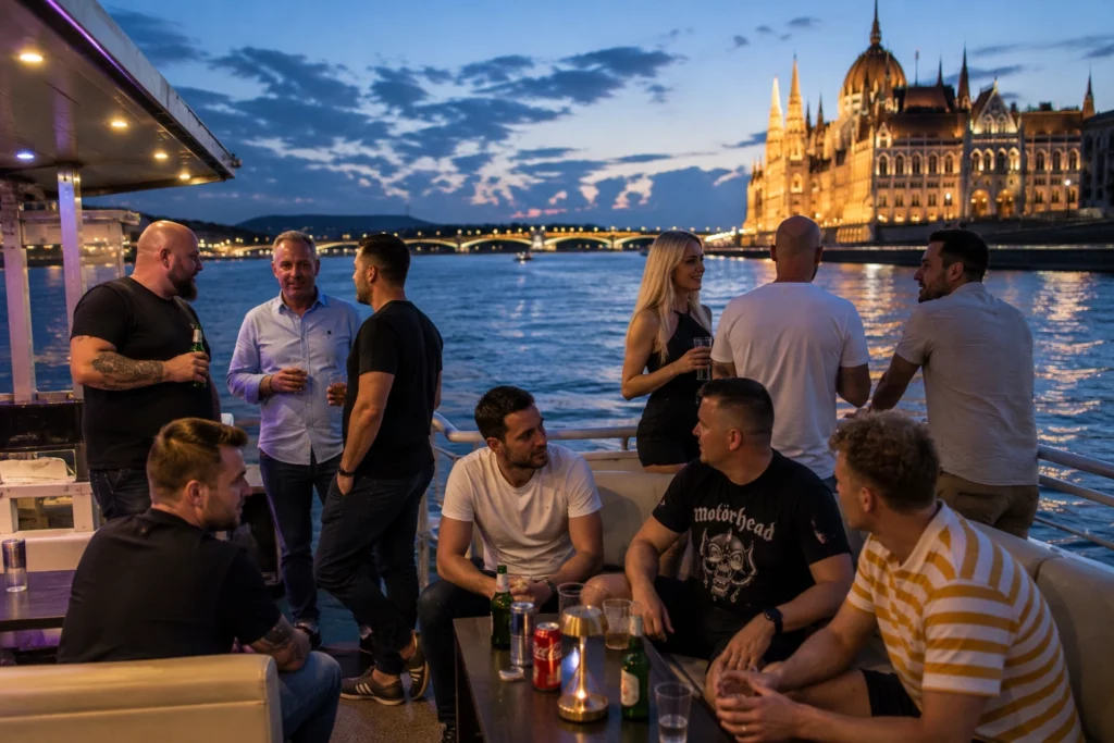 Stag group on a private Danube cruise in Budapest at dusk
