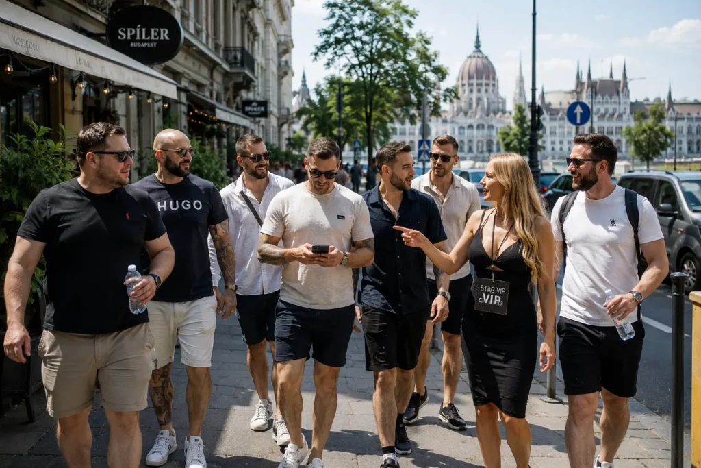 Stag group walking through Budapest with a local coordinator